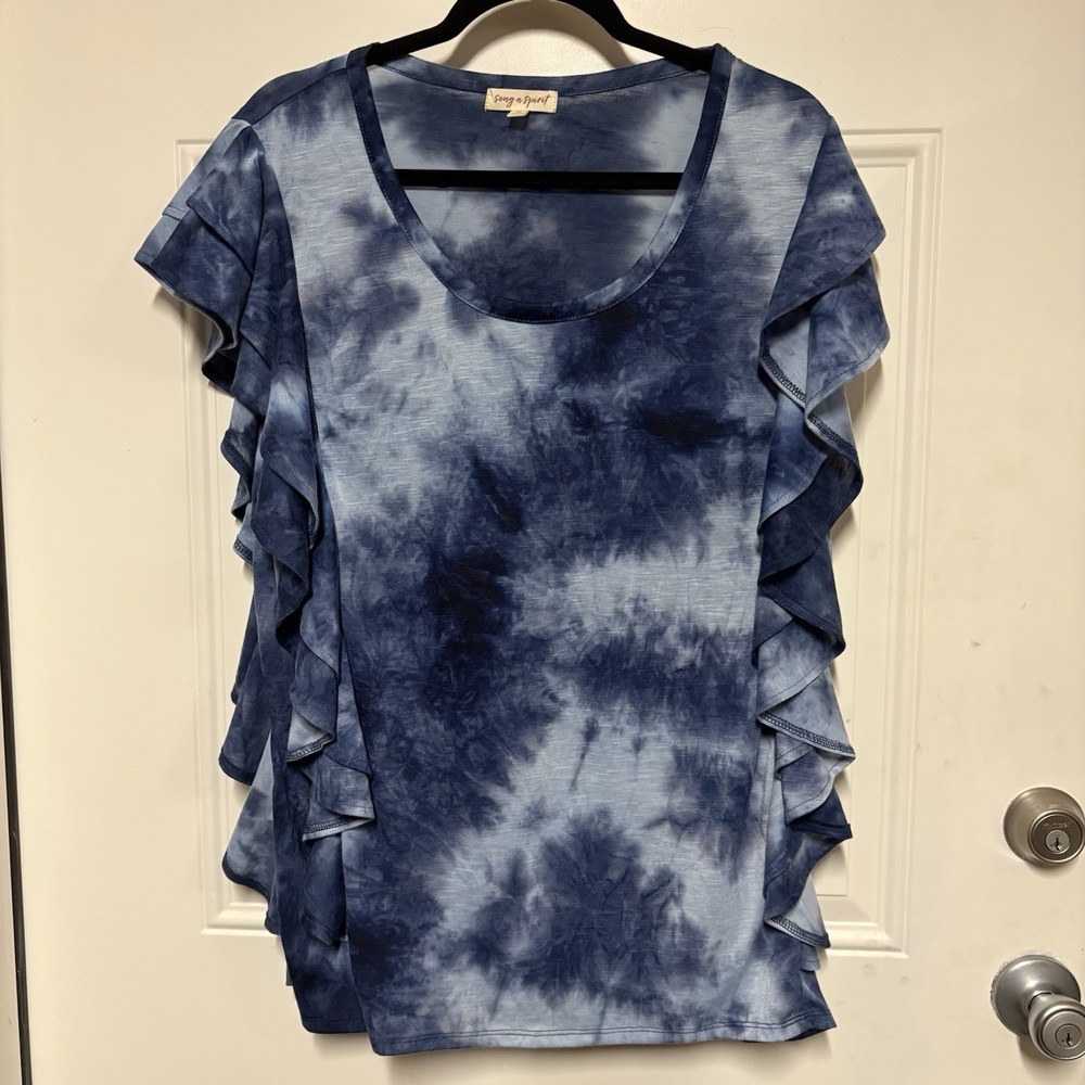 Song n Spirit Size XL Boho Retro Tie Dyed Sleeveless Top Blue Ruffle